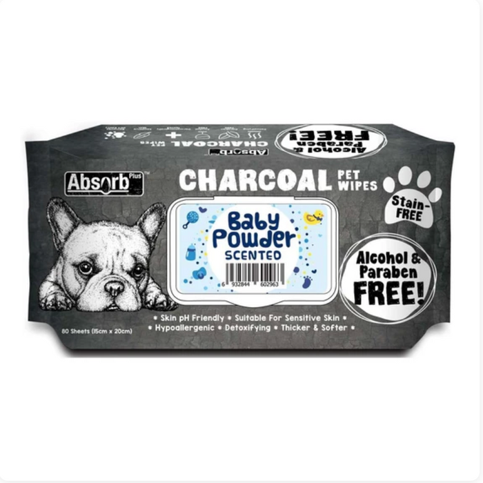 Absorb Plus Charcoal BABY POWDER Scented Pet Wipes 80Pcs X12