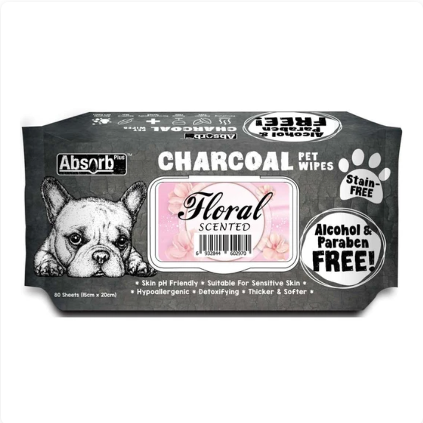 Absorb Plus Charcoal FLORAL Scented Pet Wipes 80Pcs X12