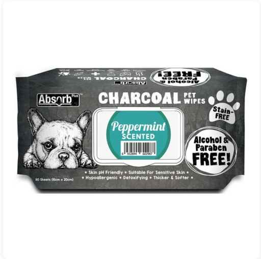 Absorb Plus Charcoal PEPPERMINT Scented Pet Wipes 80Pcs X12