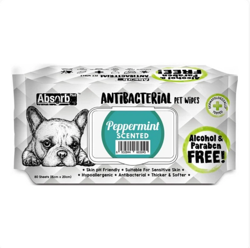 Absorb Plus Antibacterial PEPPERMINT Scented Pet Wipes 80Pcs X12