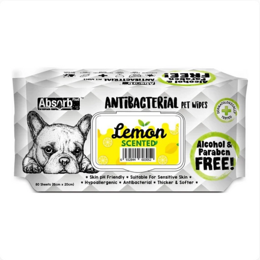 Absorb Plus Antibacterial LEMON Scented Pet Wipes 80Pcs X12