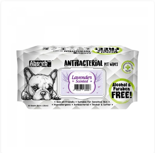 Absorb Plus Antibacterial LAVENDER Scented Pet Wipes 80Pcs X12