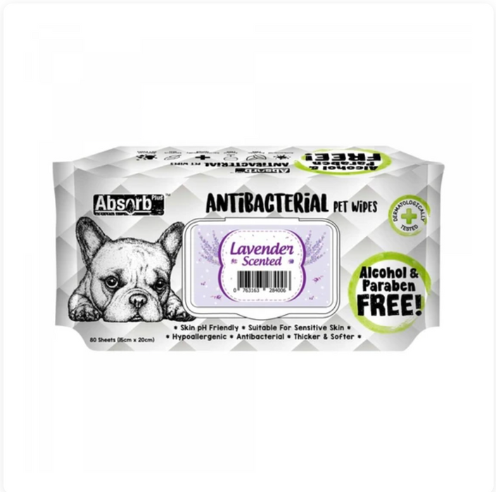 Absorb Plus Antibacterial LAVENDER Scented Pet Wipes 80Pcs