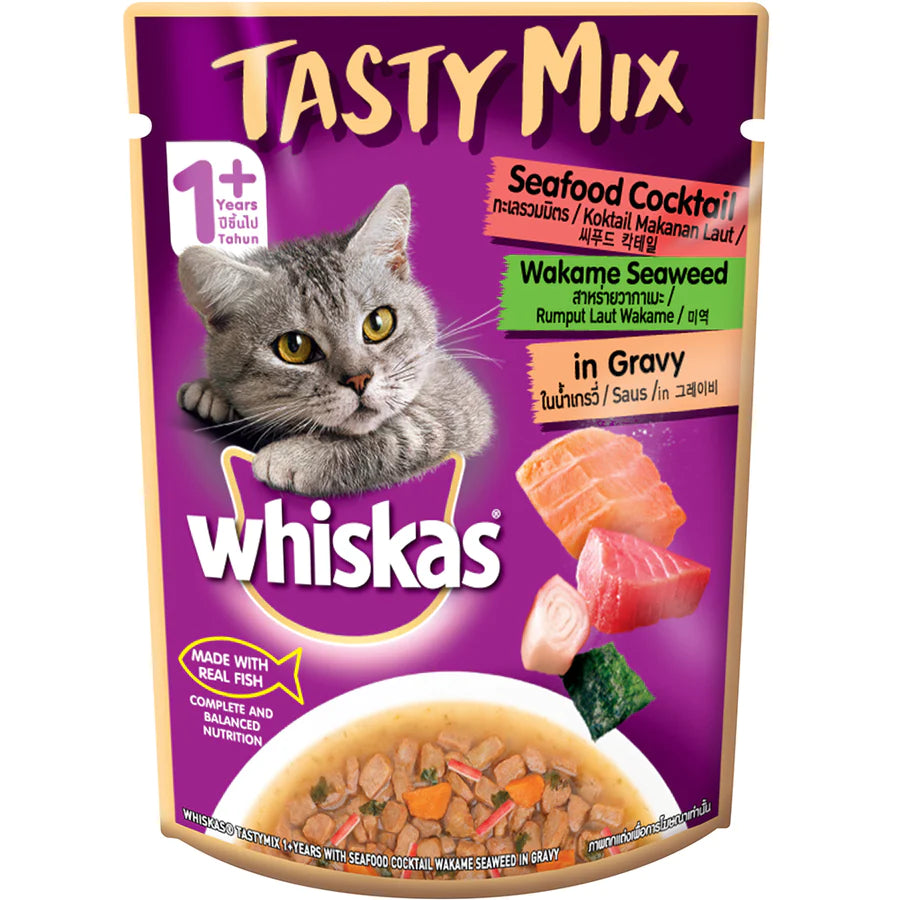 Whiskas Tasty Mix Seafood Cocktail with Wakame Seaweed in Gravy Cat Wet Food 70g X24