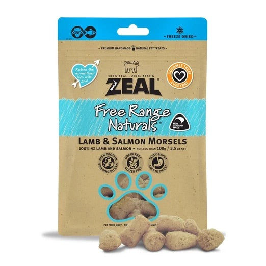 Zeal Free Range Naturals Lamb & Salmon Morsels Treats 100g [Cats & Dogs]